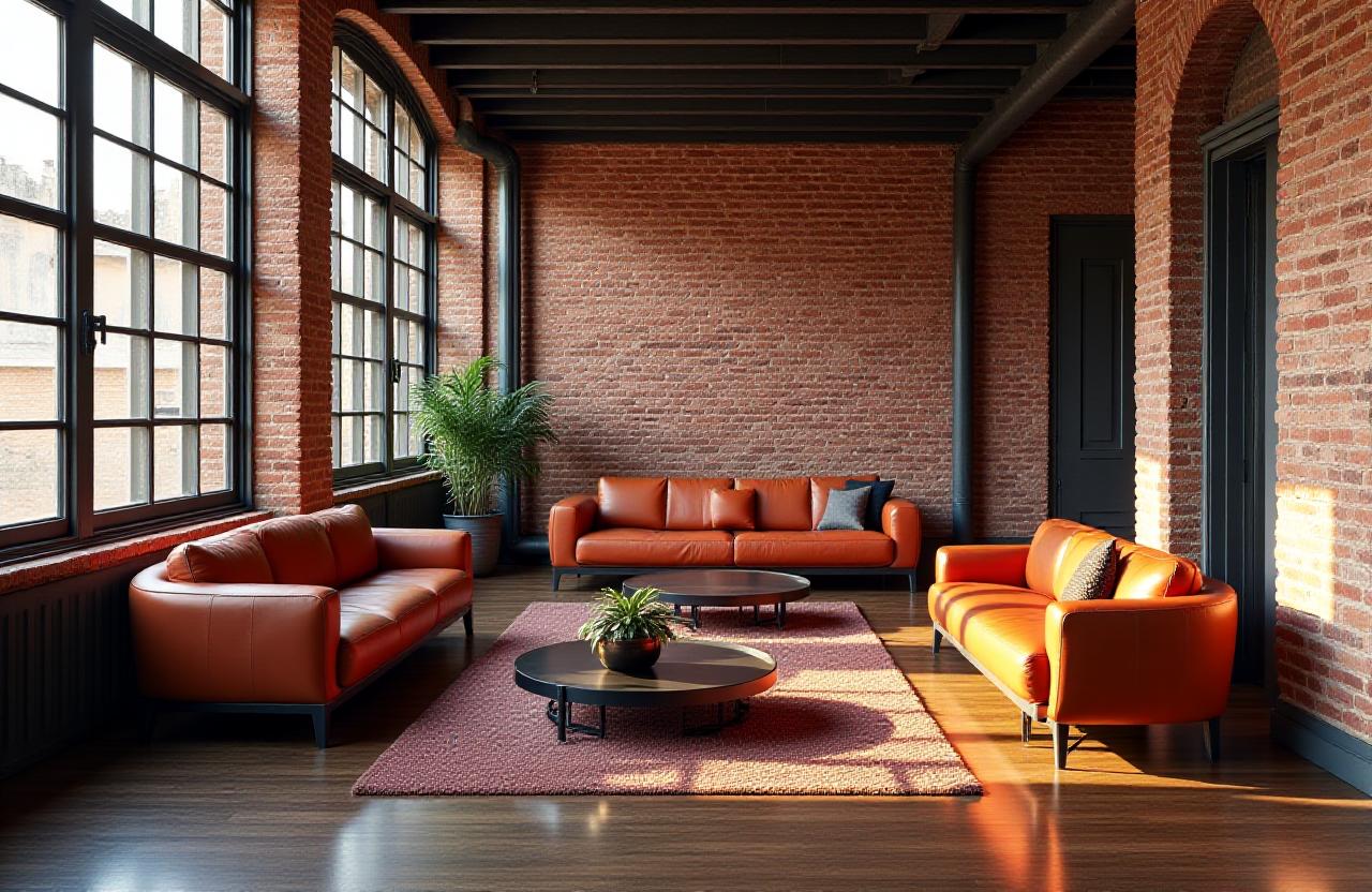 Interno industriale con mattoni a vista e arredi in metallo